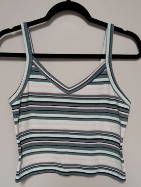 SO Striped V-Neck Cropped Tank Top - Mint, Pink & Navy